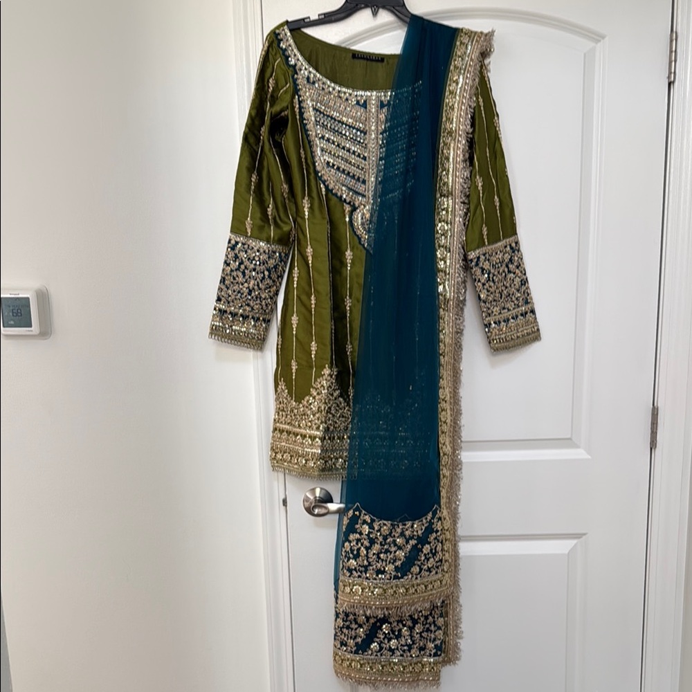 Elegant Green and Blue Embroidered Dress